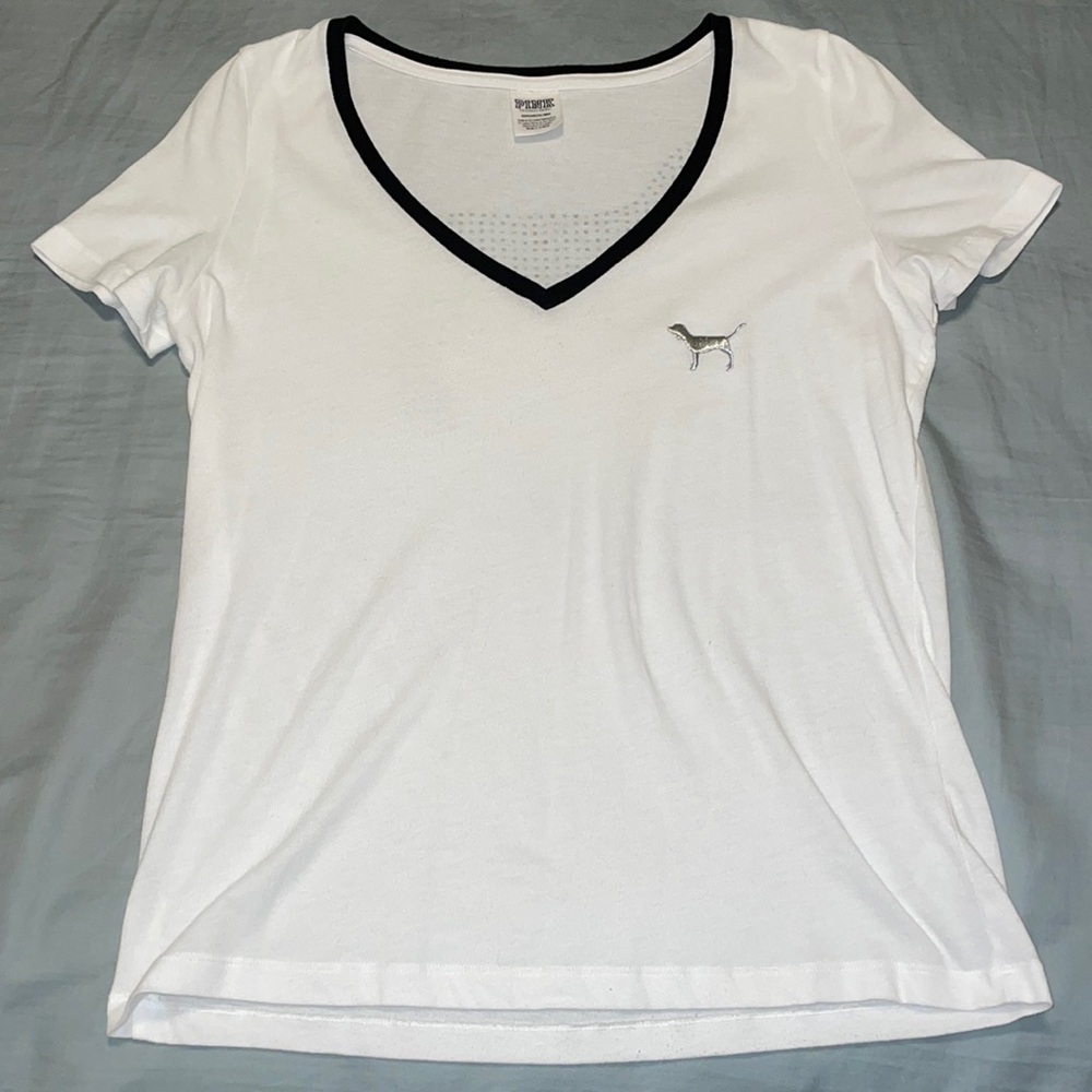 PINK White V-Neck Rhinestone Top